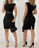 Kadın Kısa Kollu Bisiklet Yaka Bel Dantel Detay Ithal Krep Elbise thumbnail 1