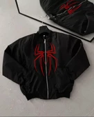 Unisex Uzun Kol Örümcek Lucky Life Baskılı Bomber Ceket - Siyah thumbnail 2