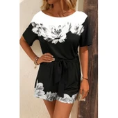 Lucky Life Kadın Tek Omuzu Açık çiçek Desenli Beli Kuşaklı Iki Iplik Mini Short Tulum - 2