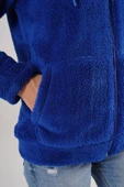 Kadın Saks Koyu Mavi Peluş Yumoş Fermuarlı Kapüşonlu Cepli Welsoft Ceket 22KCKTERES thumbnail 7