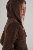 Kadın Kahve Peluş Yumoş Fermuarlı Kapüşonlu Cepli Welsoft Ceket 22KCKTERES thumbnail 7