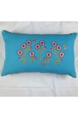 HHKARTS Mavi Renk Çiçek Desenli Nakışlı Yastık Kılıfı 30x50 | Kırlent Kılıfı Fermuarlı thumbnail 3