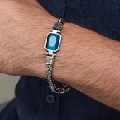 Mavi Taşlı 925 Ayar Gümüş Erkek Bileklik thumbnail 6