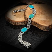 Firuze Taşlı Gurmet 925 Ayar Gümüş Erkek Bileklik Künye thumbnail 1