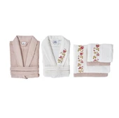 Karaca Home Flora Nakışlı 6 Parça Bornoz/Banyo/Yüz Havlusu Aile Banyo Seti Beyaz-Bej thumbnail 3