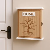 Doğal Ahşap Kapaklı Anahtarlık Kutusu – Ağaç Motifli Duvar Tipi Askılık "Home" Yazıl BR-6630 thumbnail 1