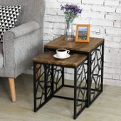 Modern Çok Amaçlı Siyah Metal Ayak 2'lİ Doğal Ahşap Zigon Sehpa - 1