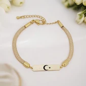 Sembole Özel Hasır Kordonlu 14 Ayar Altın Plakalı Dikdörtgen Motifli Hediye Bileklik-402 thumbnail 1