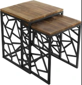 Modern Çok Amaçlı Siyah Metal Ayak 2'lİ Doğal Ahşap Zigon Sehpa - 3