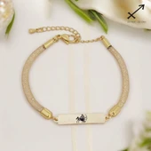 Burca Özel Dikdörtgen Motifli Hasır Kordonlu 14 Ayar Altın Plakalı Hediye Bileklik-402 thumbnail 1