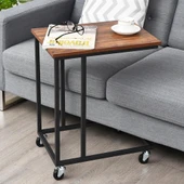 Koltuk Altı Sehpası Tekerli Zigon C Zigon Sehpa Takımı Siyah Metal Ayak Doğal Ahşap - 4