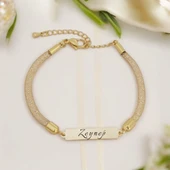 İsme Özel Dikdörtgen Motifli Hasır Kordonlu 14 Ayar Altın Plakalı Hediye Bileklik-402 thumbnail 1