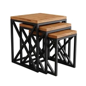 Modern Estetik Çok Amaçlı Siyah Metal Ayak 3'lü Doğal Ahşap Zigon Sehpa - 2