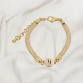 Harfe Özel 14 Ayar Altın Plakalı Yuvarlak Figürlü Hasır Kordonlu Hediye Bileklik-404 thumbnail 1
