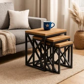 Modern Estetik Çok Amaçlı Siyah Metal Ayak 3'lü Doğal Ahşap Zigon Sehpa - 1