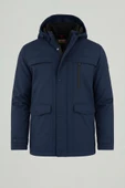 Erkek Lacivert Pamuk Polyester Karışımlı Kürklü Çıkartılabilir Kapüşonlu Mont&Kaban thumbnail 1