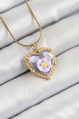 316L Çelik Zincir Mor Sanatsal Portre İnci Detaylı Papatya Figürlü Kalp Model Gold Renk Kadın Kolye thumbnail 1