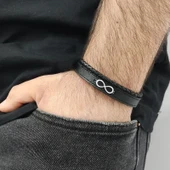 Erkekler İçin Sonsuzluk Motifli Hakiki Siyah Derili 925 Ayar Gümüş Plakalı Hediye Bileklik-407 thumbnail 1