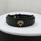 Elmas Motifli Erkeklere Özel Hakiki Siyah Derili 14 Ayar Altın Plakalı Hediye Bileklik-410 thumbnail 1