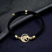 Harfe Özel 14 Ayar Altın Plakalı Aslan Motifli Siyah İpek Örgülü Hediye Bileklik-411 thumbnail 1