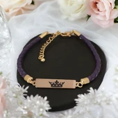 Sembole Özel Doğal Mor Derili 14 Ayar Altın Plakalı Dikdörtgen Figürlü Hediye Bileklik-412 thumbnail 1