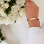 Sembole Özel Doğal Mor Derili 14 Ayar Altın Plakalı Dikdörtgen Figürlü Hediye Bileklik-412 thumbnail 2