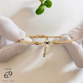 Burca Özel Oval Motifli Hasır Kordonlu 14 Ayar Altın Plakalı Doğum Günü Hediyesine Özel Bileklik-415 thumbnail 1