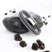 Oniks & Hematit Çelik Örgülü Deri Bileklik 31832B22D2 thumbnail 3