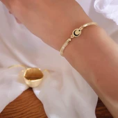 Sembole Özel Hasır Kordonlu 14 Ayar Altın Plakalı Oval Motifli Doğum Günü Hediyesine Özel Bileklik-415 thumbnail 2