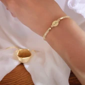 İsme Özel Oval Motifli Hasır Kordonlu 14 Ayar Altın Plakalı Doğum Günü Hediyesine Özel Bileklik-415 thumbnail 2