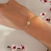 İsme Özel Yuvarlak Figürlü Altın Renkli Zincirli 14 Ayar Altın Plakalı Hediye Bileklik-417 thumbnail 2