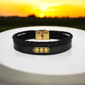 Erkeklere Özel Üç Daire Motifli Hakiki Siyah Derili 14 Ayar Altın Plakalı Hediye Bileklik-419 thumbnail 2