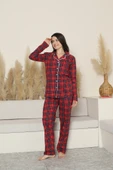 Kadın Pijama Takımı-Ekose Desenli - Pat Yakalı-Düğmeli 12284 - 2