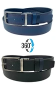 Çift Taraflı Hakiki Deri 3.5 cm.lik Klasik Dönerli Tokalı Kemer Lacivert/Siyah - XD-300-805-ST thumbnail 1