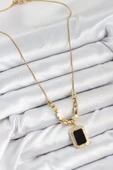 316L Çelik Zirkon Taşlı Siyah Baget Model Gold Renk Kadın Kolye - TJ-BKO10480 thumbnail 2
