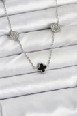 316L Çelik Zincir Gümüş Renk Siyah ve Zirkon Taşlı Baby Boy Yonca Kadın Kolye - TJ-BKO10591 thumbnail 1