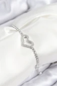Pirinç Zirkon Taşlı Kalp Model Gümüş Renk Asansörlü Kadın Bileklik - TJ-BB7742 thumbnail 1