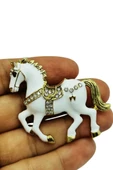Beyaz At Broş Kristal Taşlı Zarif Horse Brooch Şık Hayvan Figürlü Aksesuar - 1