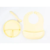 Sarı 3 lü Silikon Yemek Seti - Önlük + Diş Kaşıyıcılı Kaşık + Vakumlu Tabak thumbnail 1