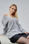 Lugmo Kadın Triko Hırka Taşlı Standart Beden Gri thumbnail 3