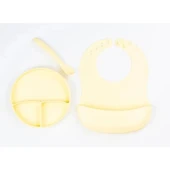 Sarı 3’lü Silikon Yemek Seti – Önlük + Diş Kaşıyıcılı Kaşık + Vakumlu Tabak thumbnail 1