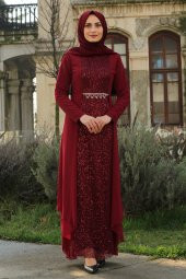 Payet Detaylı Tesettür Abiye Elbise - Bordo - 1
