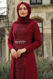 Payet Detaylı Tesettür Abiye Elbise - Bordo - 3