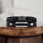 İsme Özel Aşk Temalı Oval Motifli Hakiki Siyah Derili 925 Ayar Gümüş Plakalı Hediye Bileklik-420 thumbnail 1