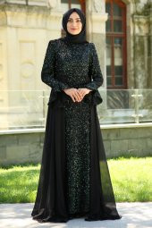 Volan Kol Tül Tesettür Abiye Elbise - Yeşil - 1