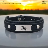 Burca Özel Oval Figürlü Hakiki Siyah Derili 925 Ayar Gümüş Plakalı Hediye Bileklik-421 thumbnail 1