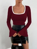 BİÇOMİ Kare yaka garni detay ispanyol kol bluz bordo a3105 thumbnail 2