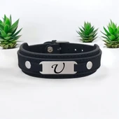 Harfe Özel 925 Ayar Gümüş Plakalı Oval Figürlü Hakiki Siyah Derili Hediye Bileklik-421 thumbnail 1
