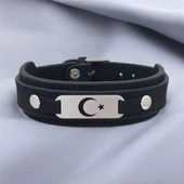 Sembole Özel Hakiki Siyah Derili 925 Ayar Gümüş Plakalı Oval Figürlü Hediye Bileklik-421 thumbnail 1