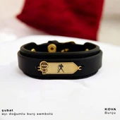 Burca Özel Erkek Çocuk Motifli Hakiki Siyah Derili 14 Ayar Altın Plakalı Hediye Bileklik-423 thumbnail 1